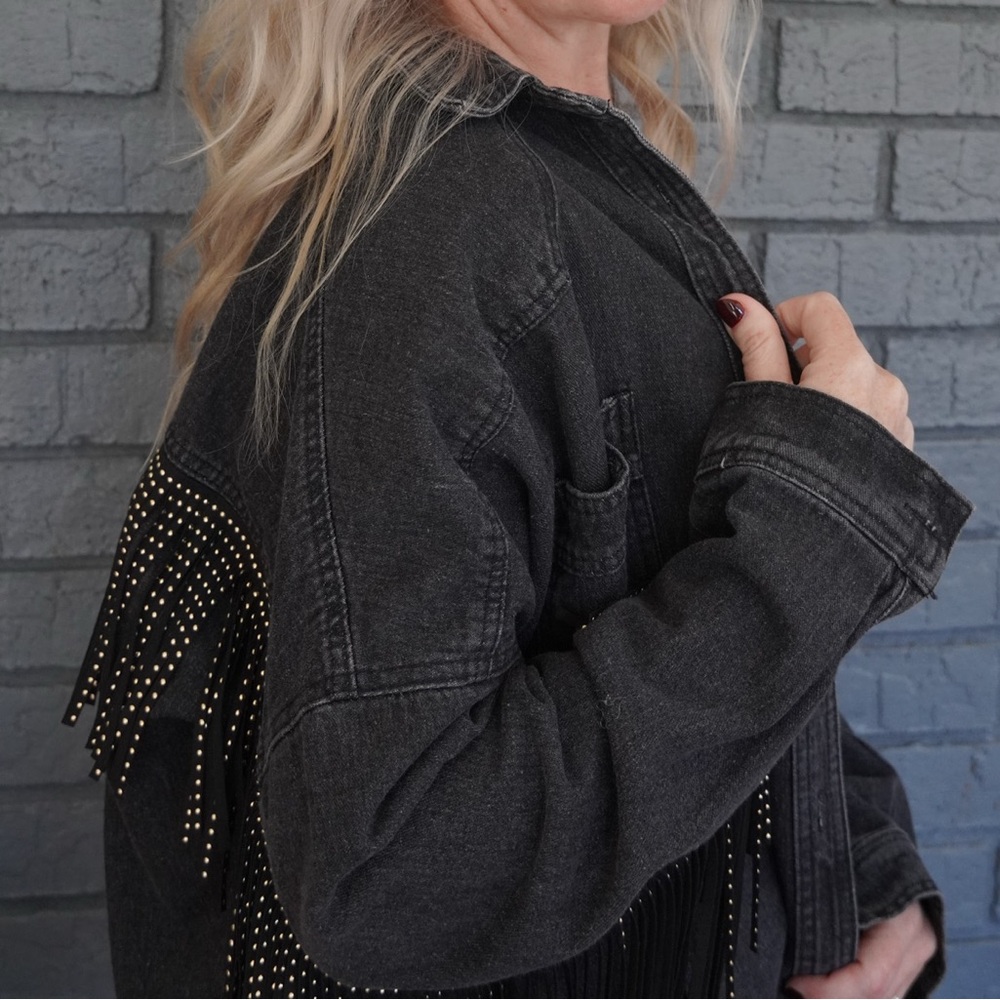 Black Jean Denim  Jacket with Fringe and Studs - Picture 3 of 11